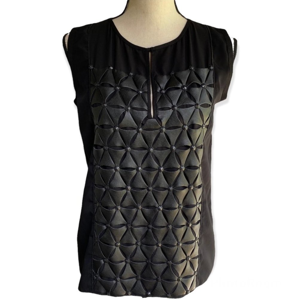 Sachin + Babi Black Leather Accent Sleeveless Blouse Top Size 2